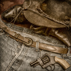 photo vintage,vêtement cow boy et revolver