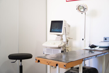 Veterinary clinic with an examination table, workstation, and cabinets filled with medical supplies.