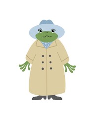 Fancy green frog in an elegant beige coat and blue hat. Cute amphibian: funny character isolated on a white background