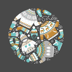Vector illustration with winter knitwear and snowflakes on dark grey background. Perfect for tee shirt logo, greeting card, poster, invitation or print design.