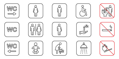 Toilet Room Line Icon. Set of WC Sign. Mother and Baby Room Outline Pictogram. Public Washroom for Disabled, Male, Female, Transgender. No smoking Sign. Editable Stroke. Vector Illustration