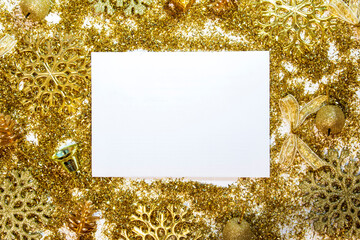 Christmas background with gifts, snowflakes, gold ribbon and gold Christmas decorations, glitter....