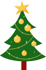 Vector fir tree decorated for Christmas by golden balls and stars. Isolated on white flat element for holiday design card, poster, invitation