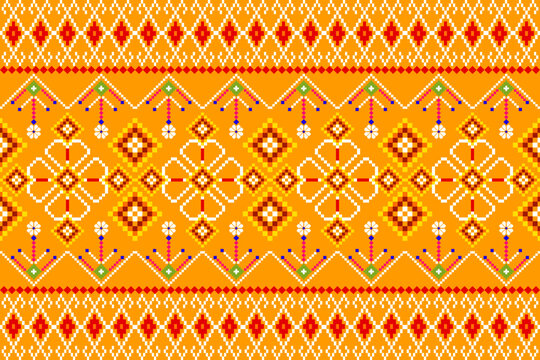 Figure tribal geometric ethnic oriental pattern traditional on orange background.red,white,green tone.Aztec style embroidery abstract vector illustration.design for texture,fabric,clothing,wrapping.