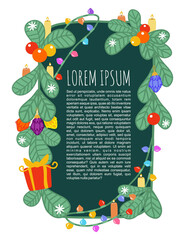 New Year's templates for text. Christmas background for text with fir branches, candles, decorations, LED garlands. New Year's green leaflet, postcard. Cartoon vector illustration.