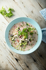 Traditional homemade cold soup with cucumber and radish