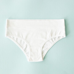 Natural cotton casual underwear white panties, classic model. Top view, flat lay. Natural underwear concept