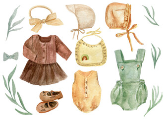 Baby clothes in boho style, watercolor illustration.