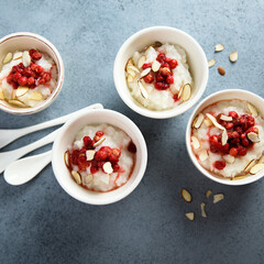 Traditional homemade rice pudding with wild strawberry	