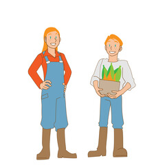 収穫物を持つ白人農家の姉と弟