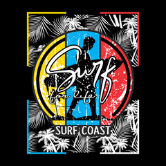 Surfing surf paradise merchandise silhouette with sunset background - 467321545