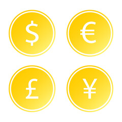 Golden Coin Icons. Dollar, Euro, Pound, Yen. Vector Illustration