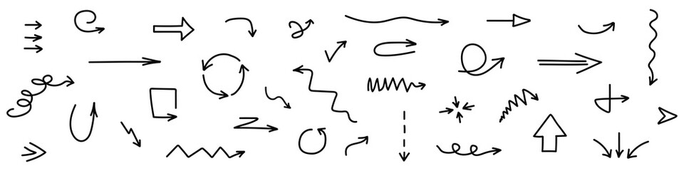 Set of hand-drawn arrows in doodle style. Collection of pointers. Can be used for web design, mobile applications or interface. Vector lustration