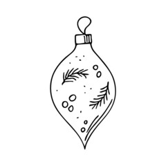 Christmas ball,hand drawn, doodle decoration,New Year toy,festive element.Use for holiday cards,coloring book, posters,banners,calendars,print.Outline drawing picture.Isolated.Vector illustration