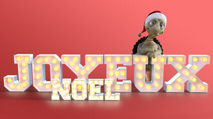 tortue 3D souhaitant joyeuses fêtes de noël avec typos lumineuses sur fond rouge 