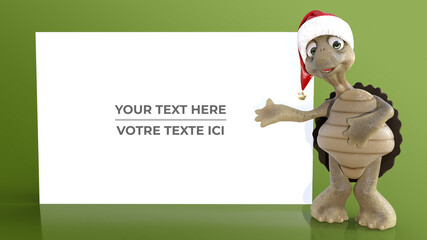 tortue 3D avec un bonnet de noël présentant message fêtes de noël sur fond vert