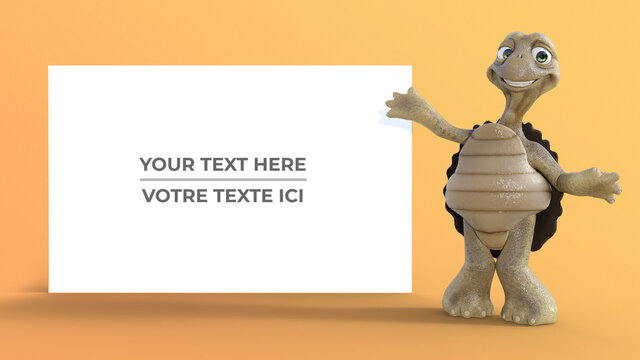 tortue 3D pr&eacute;sentant message sur fond jaune