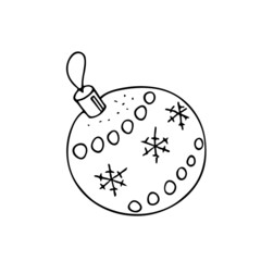 Christmas ball,hand drawn, doodle decoration,New Year toy,festive element.Use for holiday cards,coloring book, posters,banners,calendars,print.Outline drawing picture.Isolated.Vector illustration