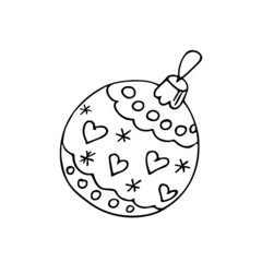 Christmas ball,hand drawn, doodle decoration,New Year toy,festive element.Use for holiday cards,coloring book, posters,banners,calendars,print.Outline drawing picture.Isolated.Vector illustration