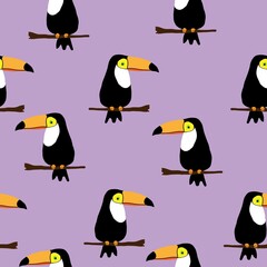 Simple toucana pattern. Lilac background, beautiful toucans birds. The print is well suited for textiles, Wallpaper and packaging.