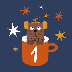 Christmas funny cat isolated on background. Vector illustration