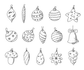 Christmas balls set,hand drawn doodle decorations,New Year toys,festive elements.Use for holiday cards,coloring book, posters,banners,calendars,print.Outline drawing.Isolated.Vector illustration