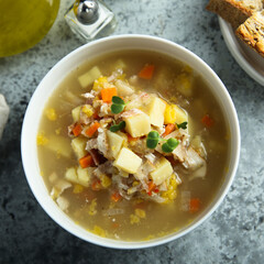 Homemade crab soup with vegetables