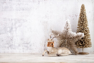 Christmas gold stars. Christmas decoration. Background on the gray color.