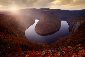 Aluminium Prints Brown Autumn landscape. River canyon with dark water and orange fall forest. Horseshoe bend, Vltava river, Czech republic, Europe. Beautiful landscape with river, Maj lookout. Autumn in Europe, sunset.