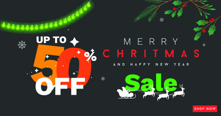 Christmas and New Year website sale banner vector design on dark background