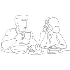 Young loving couple in a cafe. A woman and a man sit for coffee and food. One continuous line .One continuous drawing line logo isolated minimal illustration.