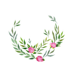 Watercolor composition with green leaves and peony flowers, isolated on white background. Aesthetic bouquet in boho style, summer mood.