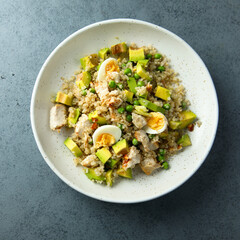 Healthy quinoa bowl with chicken, avocado and eggs