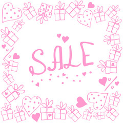 Vector frame made of contour hand drawn gifts, hearts, sale-lettering and percent symbols in the style of doodles. Theme of black Friday, shopping, holiday discounts, Valentine's day