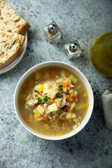 Homemade crab soup with vegetables