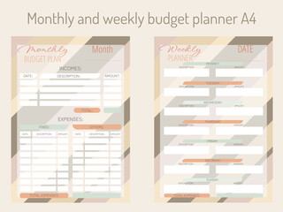 Personal monthly and weekly budget planner in a4 format. Finance, income and expenses. - obrazy, fototapety, plakaty