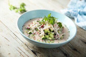 Traditional homemade cold soup with cucumber and radish