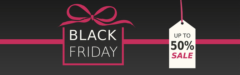 Black friday day horizontal banner with gift box with ribbon and label with the text Up to 50% sale. Flat style and minimal  design. Vectorized. Black, white and pink colors.