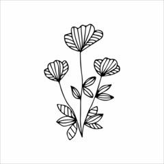 Hand drawn flower single doodle element for coloring, black and white vector image