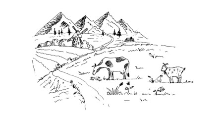 Rural landscape with mountains, alpine meadow, cow, goat. Vector illustration. Sketch.