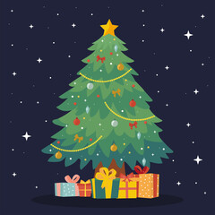 Decorated Christmas tree with gift boxes, a star, lights, decoration balls and lamps. Merry Christmas and happy New Year. Vector illustration.