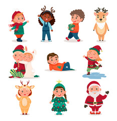 set of Christmas characters. Children in Christmas costumes. Winter vacation. Boy with a gift, Girl skating, Waving her hand, Hugging, Rejoicing, deer, boy in kigurumi. dynamic characters