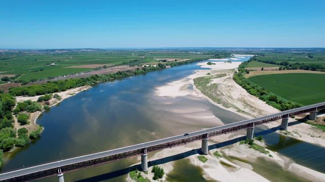 Aerial drone view over the Ponte Dom Lu&iacute;s I bridge, in Sunny Santarem, Portugal