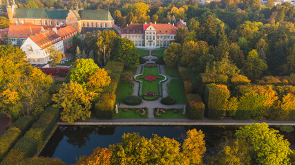 View from the drone on the Abbots' Palace in Gdańsk Oliwa. Beautiful autumn.