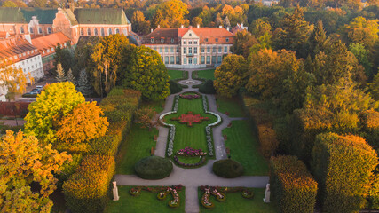 View from the drone on the Abbots' Palace in Gdańsk Oliwa. Beautiful autumn. - obrazy, fototapety, plakaty