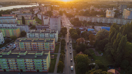 Aerial view of Stogi district in Gdansk. A beautiful autumn day. Blocks, streets, road transport. - obrazy, fototapety, plakaty