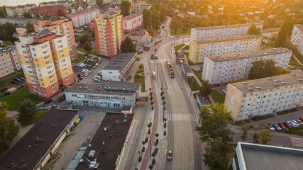 Aerial view of Stogi district in Gdansk. A beautiful autumn day. Blocks, streets, road transport. - obrazy, fototapety, plakaty