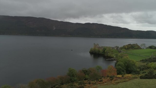 Loch Aerial Loch Ness cold gray waters, Scotland, United Kingdom, UK Mist, Rain, Storm
