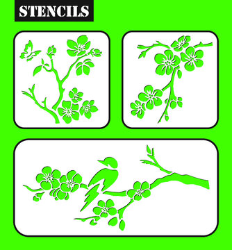 Set of stencils. Blossom cherry branch. Sakura. Bird on the blossom cherry branch. Graphic vector decorative elements. Template suitable for laser cutting. Stamp. Silhouette.