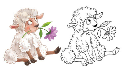 At the farm.  Coloring page. Coloring book. Cute and funny cartoon characters isolated on white background